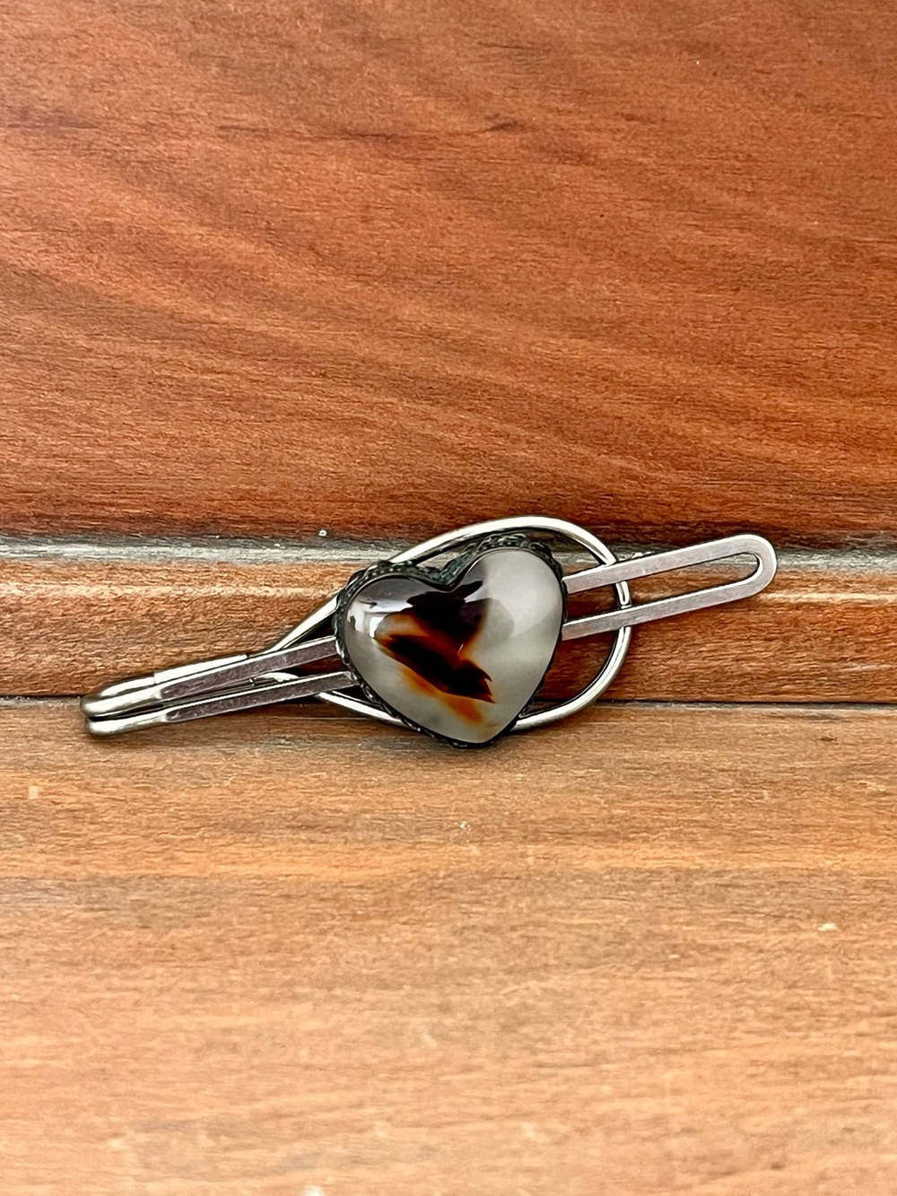 Vintage Western Tie Bar/Clip - Heart Shaped Agate Silver